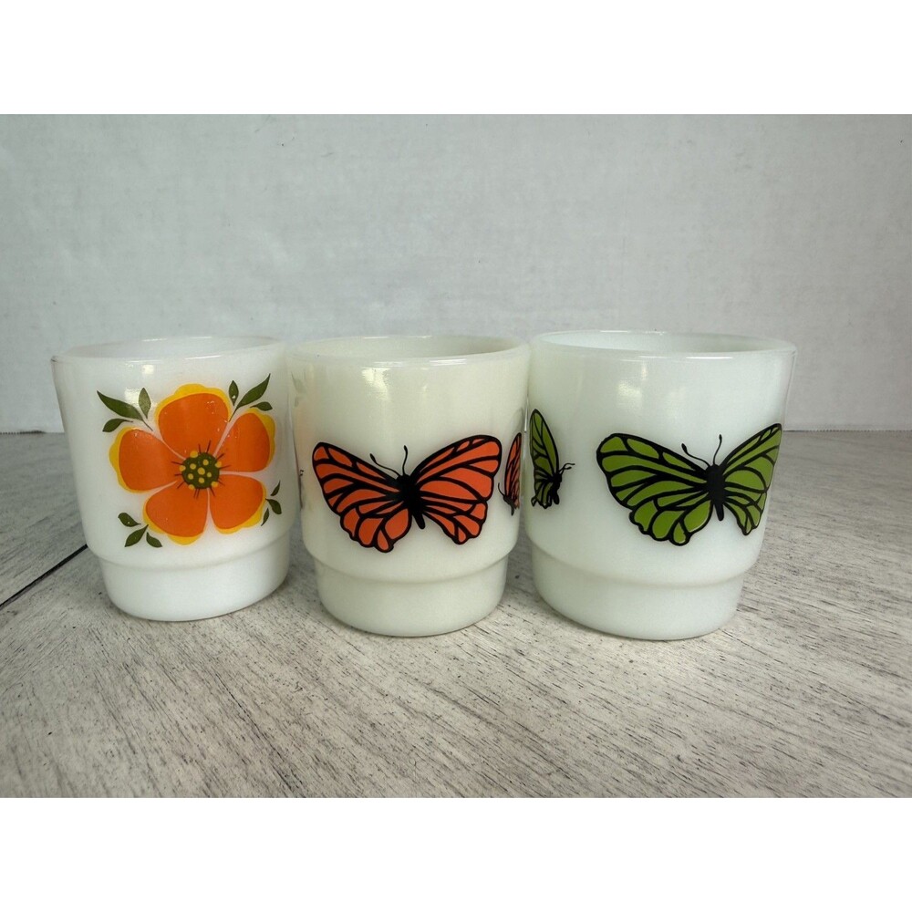 3 Vintage Fire-King Anchor Hocking Milk Glass Stacking Mug Butterfly Floral 1970